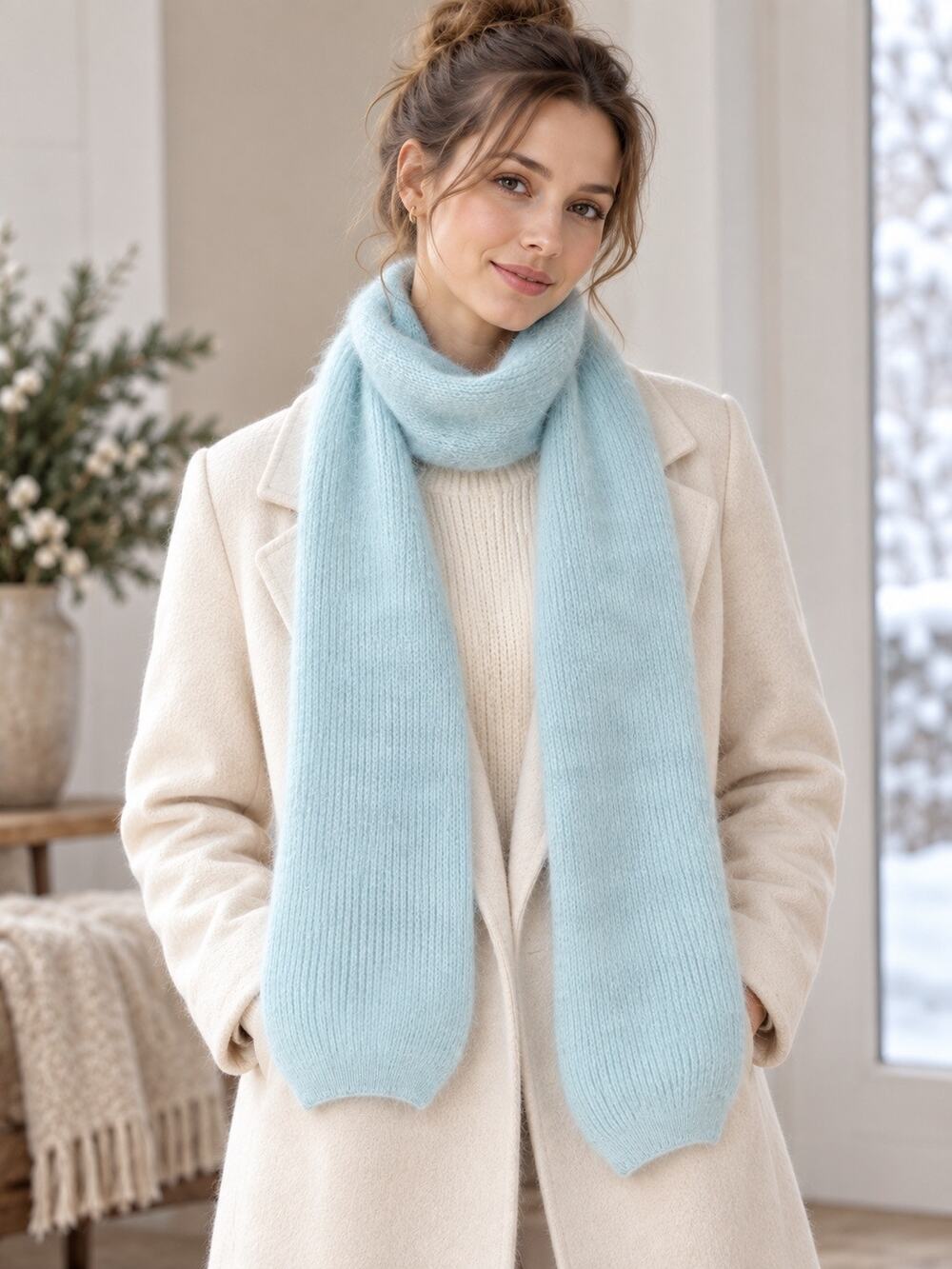 Vintage Epitome Angora Lambswool Scarf Icy Blue Fuzzy Knit Made in Japan